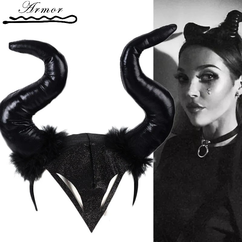 Halloween Gothic Witch Black Long Ox Horn Headband Women men Demon Queen Hair Hoop Oversize Magic Children Adult Hairband Evil Cosplay Costume Masquerade