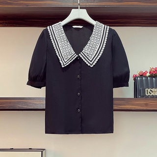 Áo kiểu nữ ngắn tay cổ ren kiêu kỳ, vải lụa mềm G240, áo sơ mi lụa nữ đẹp cổ ren cầu kỳ sang chảnh thời trang
