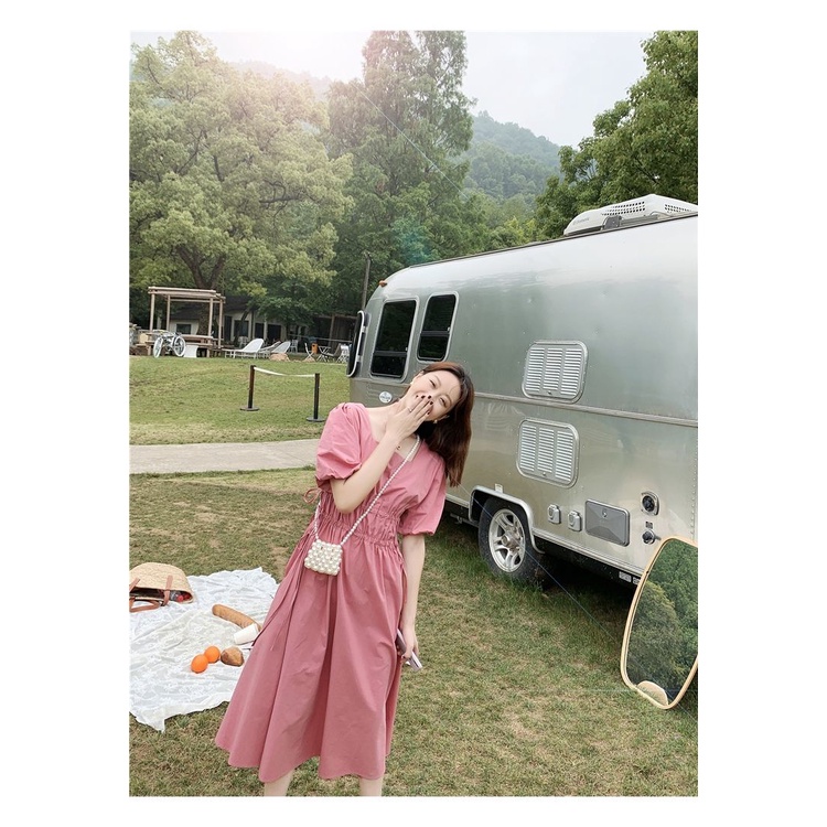 Đầm chữ A tay phồng cổ vuông thắt dây eo plus size phong cách retro Pháp