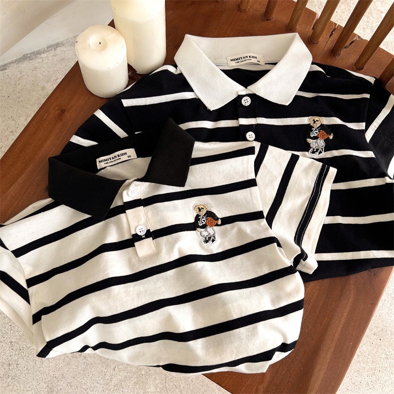 Áo Polo Cộc Tay Kẻ Đen Trắng Chất Cá Sấu Cotton Cho Bé Trai Và Bé Gái Size từ 6-33kg