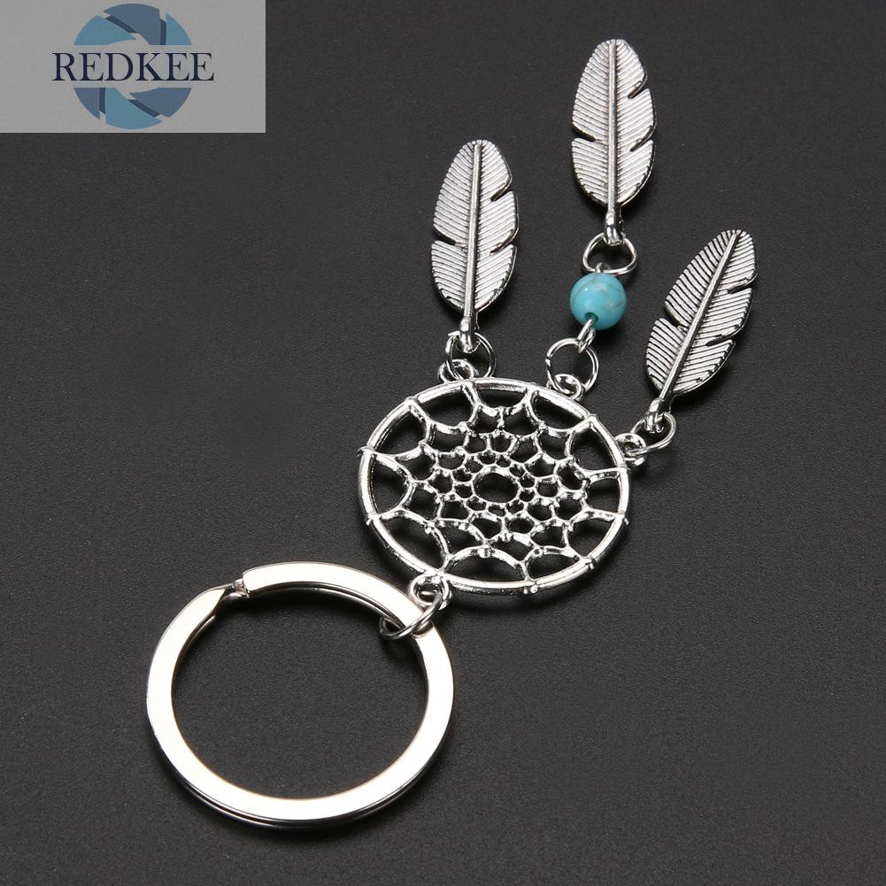 Móc Khóa Hình Dream Catcher Màu Bạc Phối Lông Vũ Tua Rua