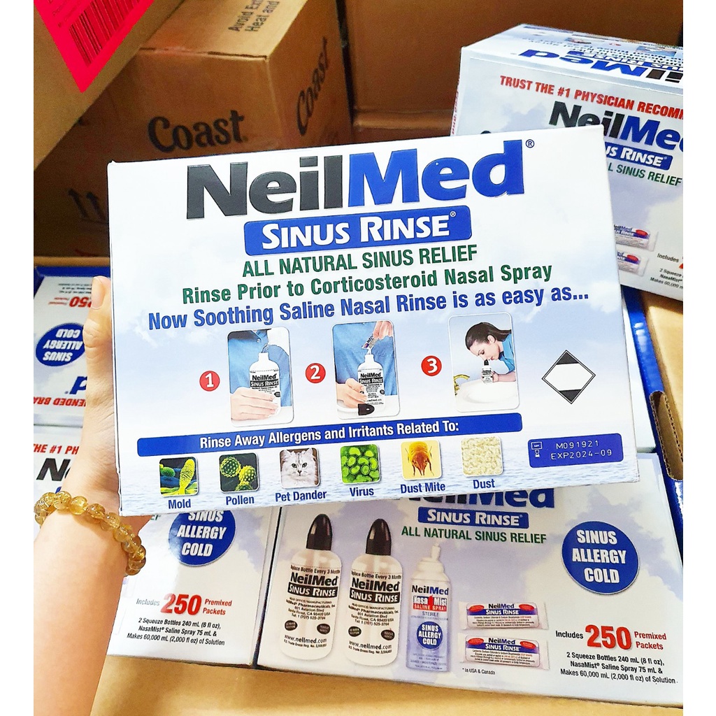 Bộ sản phẩm nước muối rửa mũi (nước muối sinh lý) Neilmed Sinus Rinse 250 gói từ Mỹ