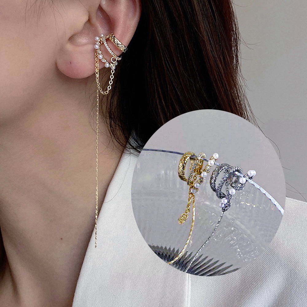 Khuyên Kẹp Vành Tai Dài Đính Ngọc Trai Thời Trang Cho Nữ