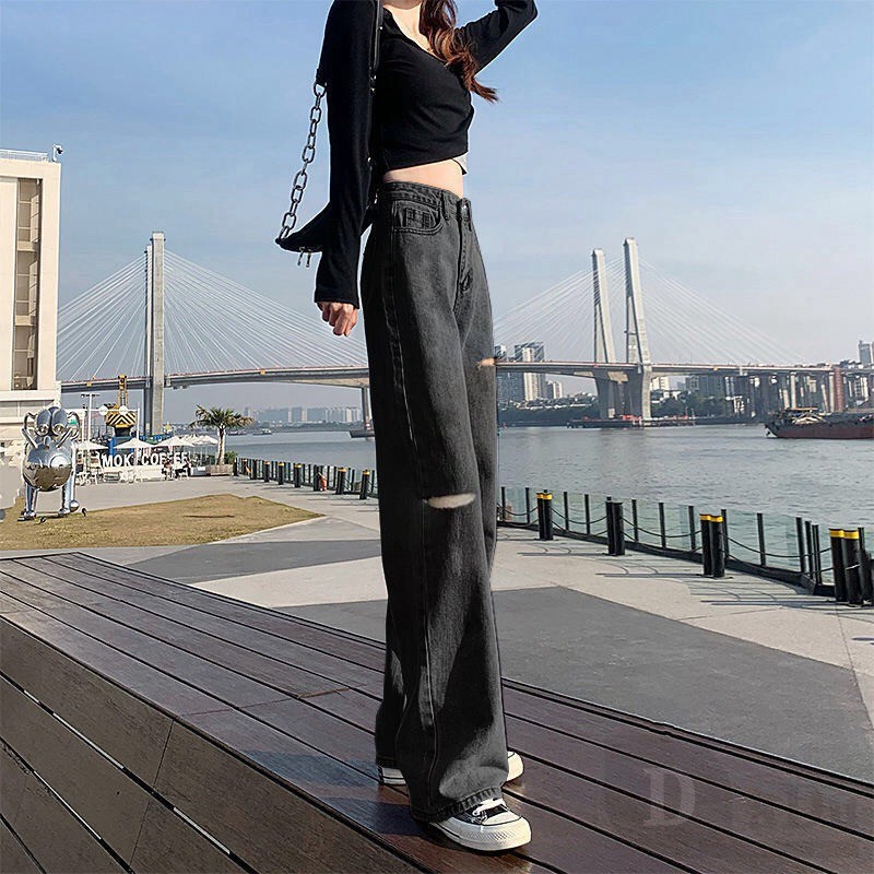 Quần jeans dáng dài phối rách cá tính hợp thời trang dành cho nữ