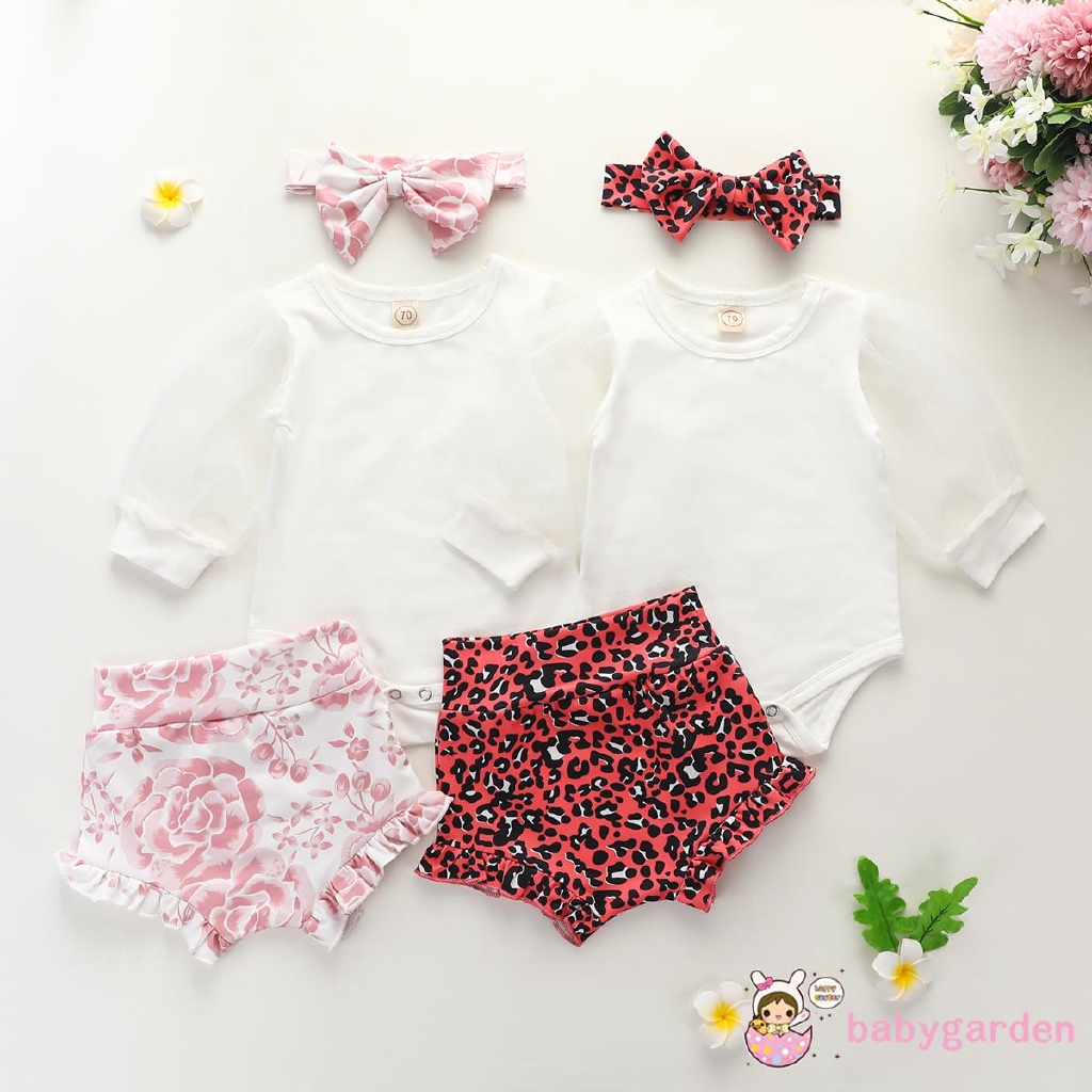 Set romper tay dài+quần đùi+băng đô xinh xắn đáng yêu dành cho bé