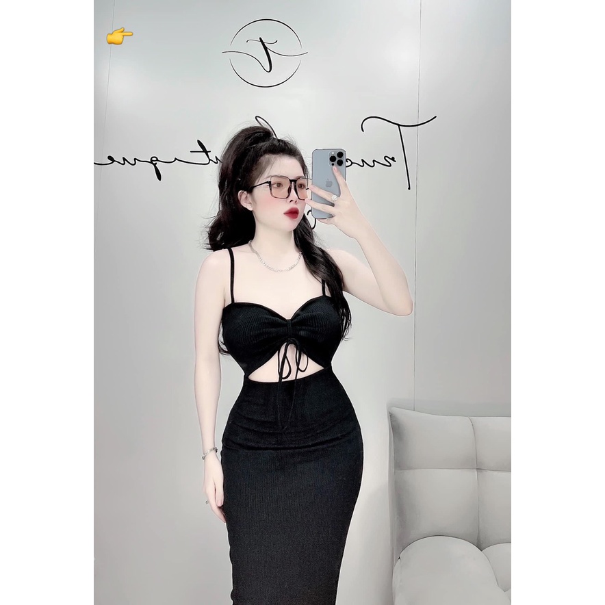 đầm 2 dây kiểu cột ngực cột cổ khoét hở bụng dáng dài body thun gân