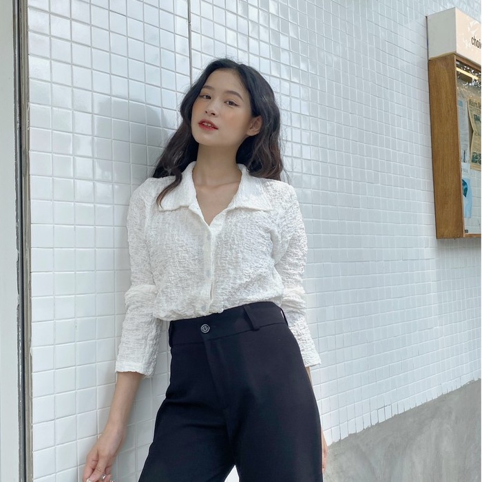 YU CHERRY | Áo sơmi nữ chất vải thun gân cách điệu Pattern Spandex Shirt YA378
