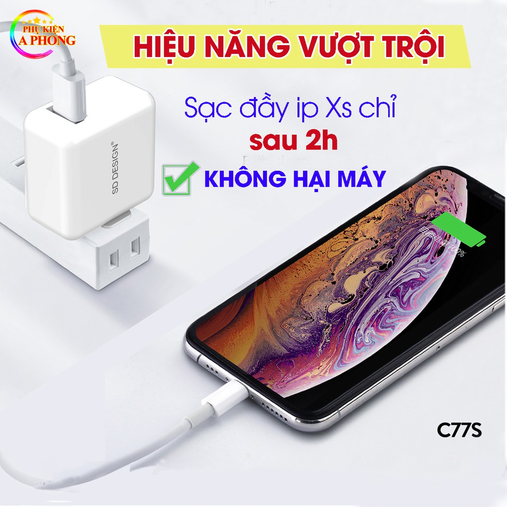 CỦ SẠC NHANH CHÂN GẬP C77s - 2,4A sạc nhanh, tự ngắt không hại máy - Hàng chính hãng SD Design. Bảo hành 12 tháng