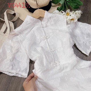 🎀 Đầm trắng gấm xòe cổ sườn xám 💟