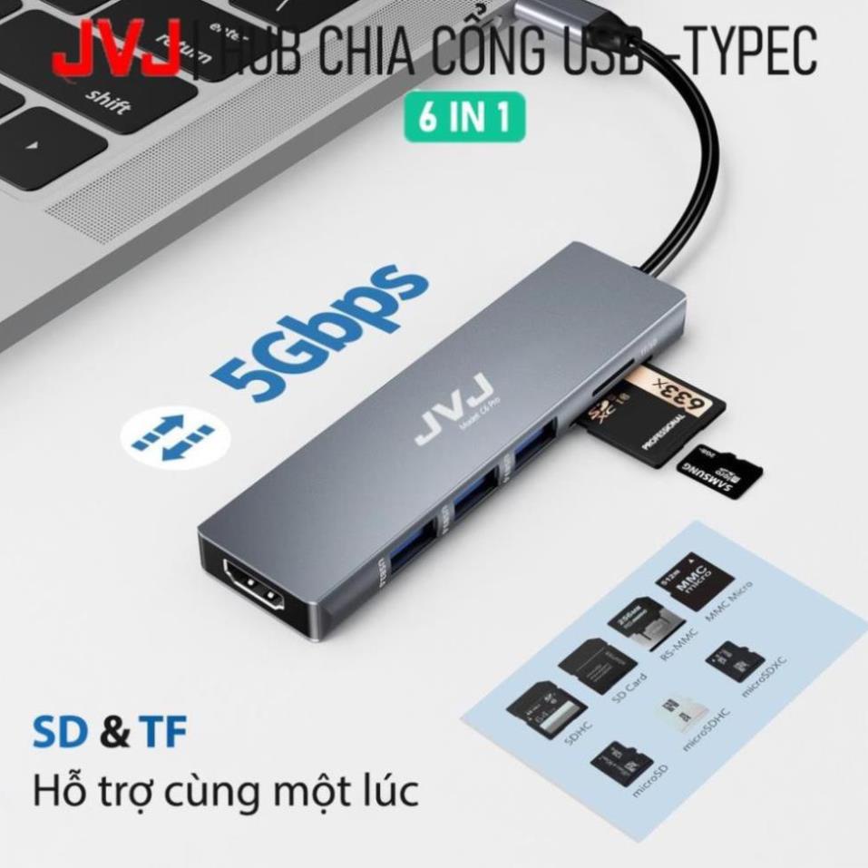 Hub type C USB C6 JVJ 6 trong 1 đa năng cổng chuyển đổi chia cổng USB 3.0 tốc độ 500Mb/s SD, TF, 4K,HDMI cho MacBook lap