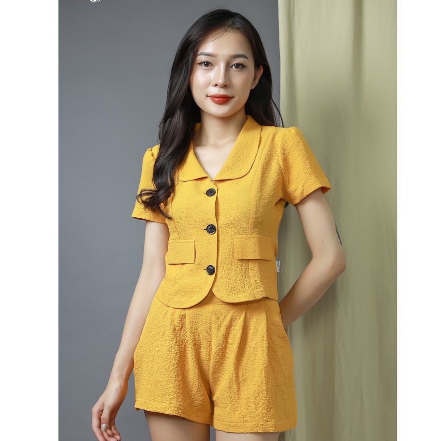Set bộ nữ công sở trẻ Emspo, áo ngắn cổ vest, cài cúc, quần short dáng đẹp có túi 2 bên BSMS0037 - BQS0037