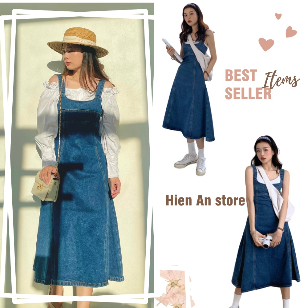 Váy yếm jean, set váy yếm bò dáng chữ A phong cách trẻ trung [ SẴN HÀNG]