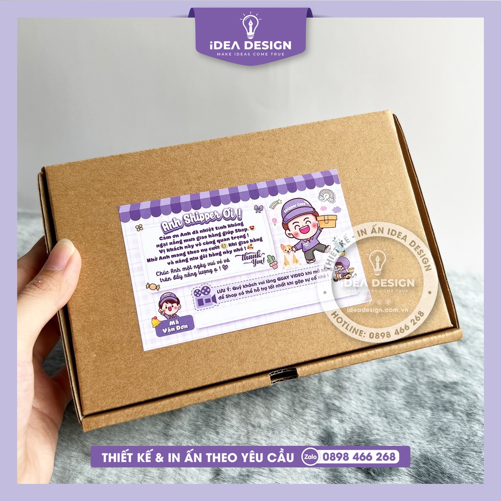 Decal Dán, Tem Nhãn Dán Cám Ơn Anh Shipper Có Ô Ghi Vận Đơn - Size 11x7cm - MÀU TÍM - Cán màng bóng chống nước
