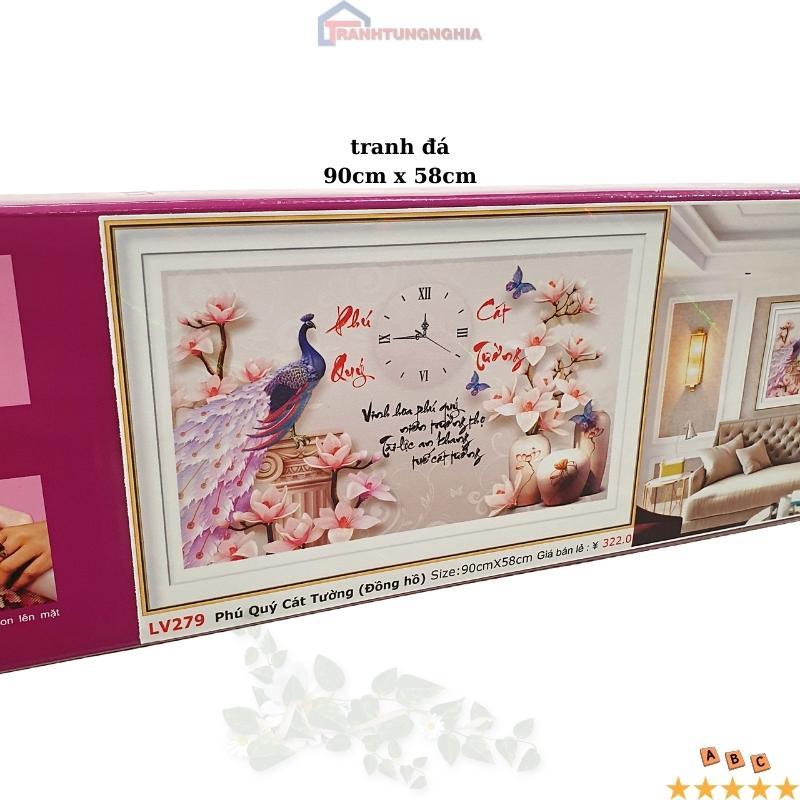 Tranh đính đá, tranh thêu chữ thập đồng hồ công phú quý cát tường