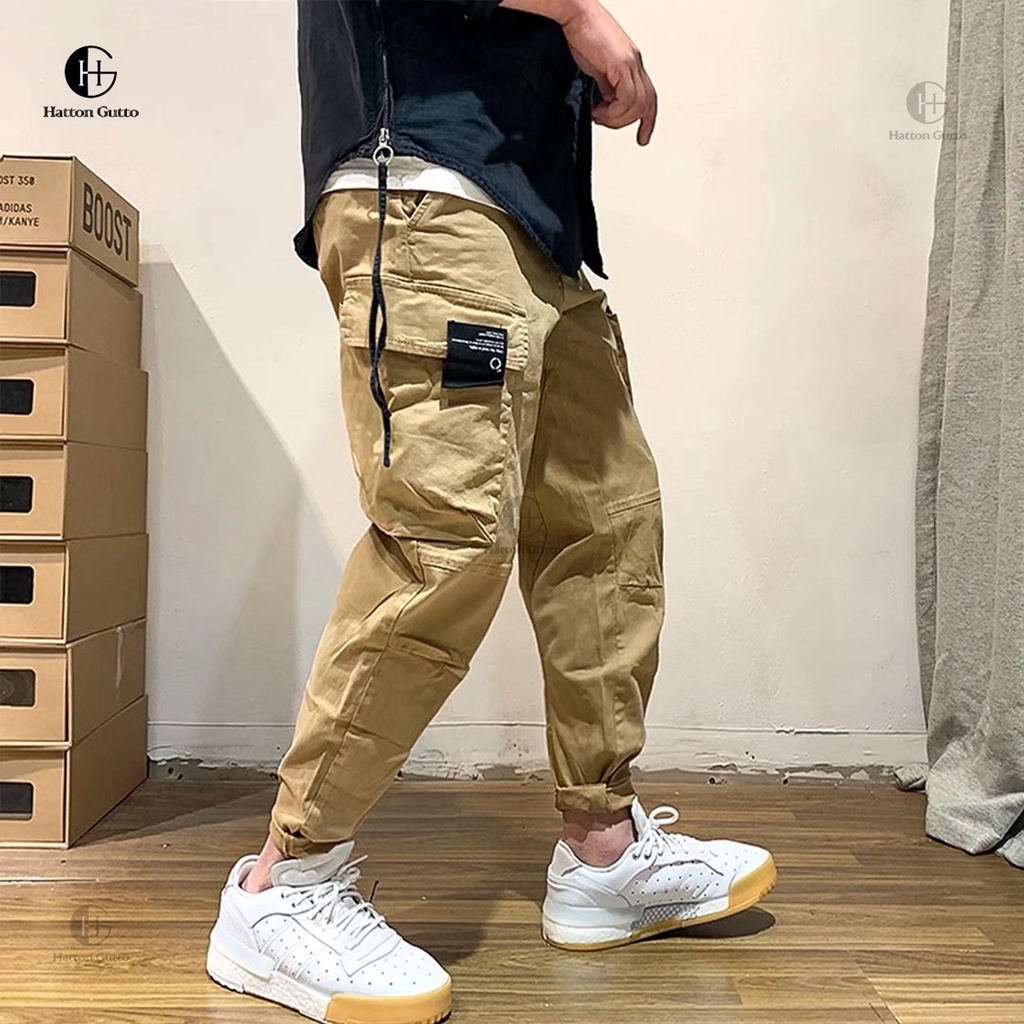 Quần dài chino HATTON GUTTO dáng suông rộng vải cotton lưng thun nhiều túi phong cách Hàn Quốc cho nam