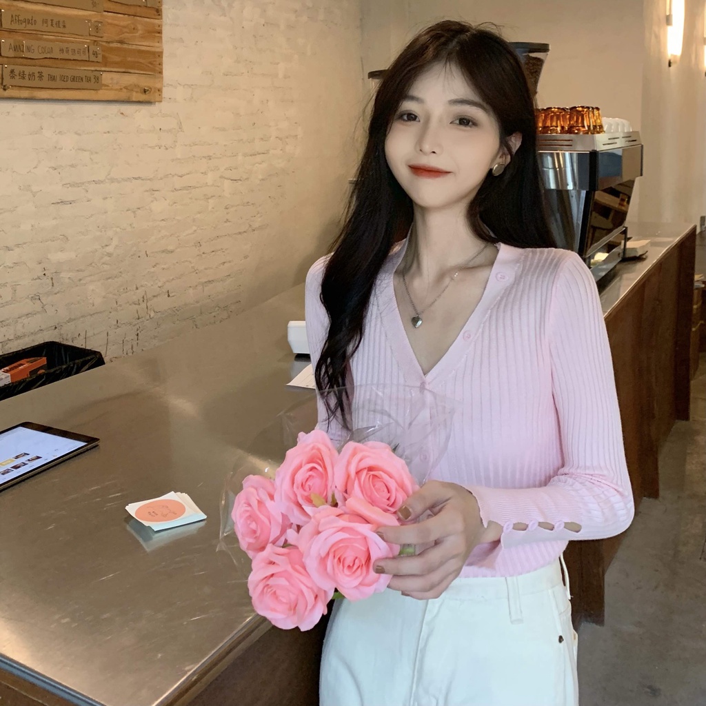 Áo khoác cardigan dệt kim tay dài cổ chữ v phối nút phong cách hàn quốc thời trang mùa thu mới cho nữ