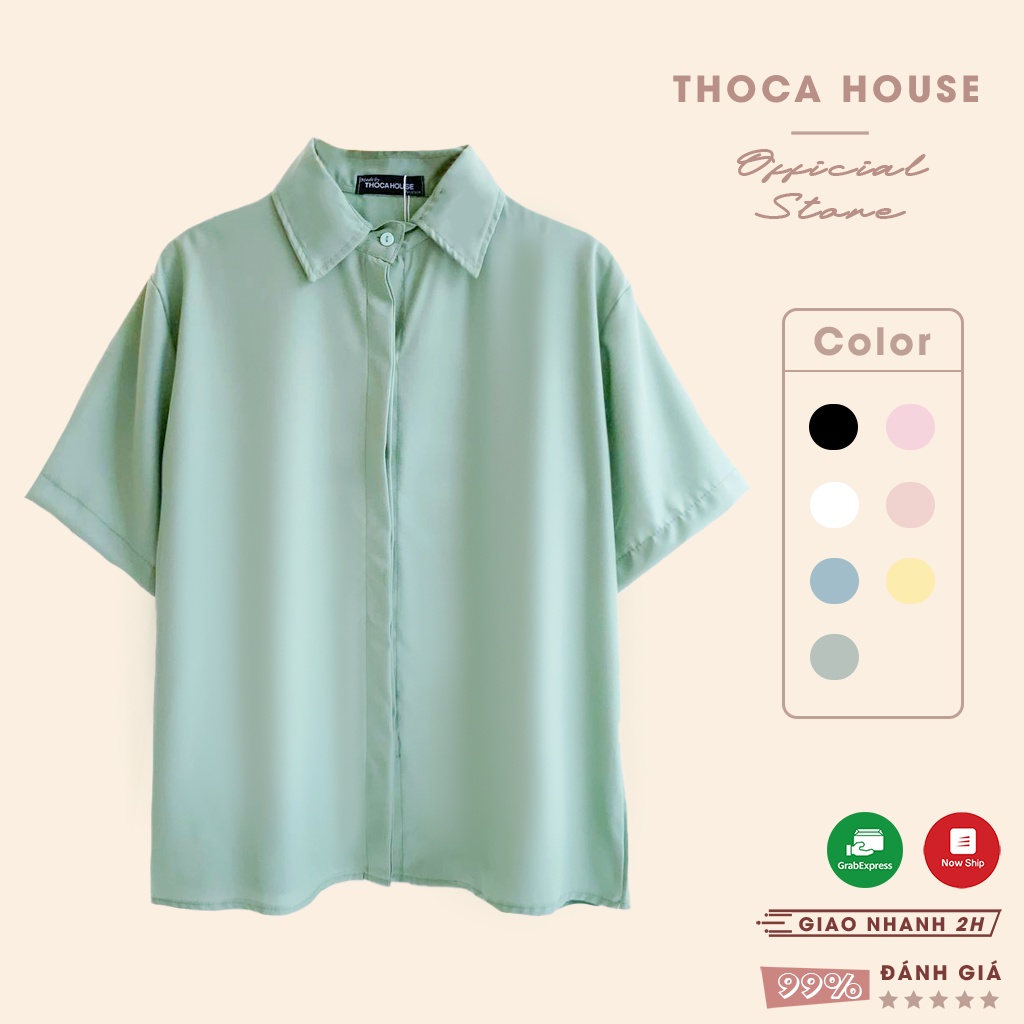 Áo sơ mi trơn tay ngắn nút ẩn basic nhiều màu THOCA HOUSE mẫu thiết kế trẻ trung, hiện đại