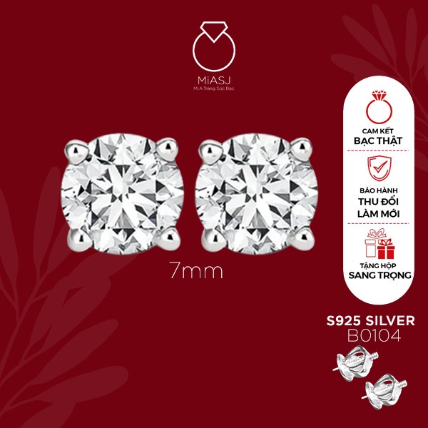 Bông tai nữ Bạc Ý S925 MiASJ khuyên nụ tròn 4 chấu basic, bông chốt vặn xoàng trang sức bạc cao cấp - B0104