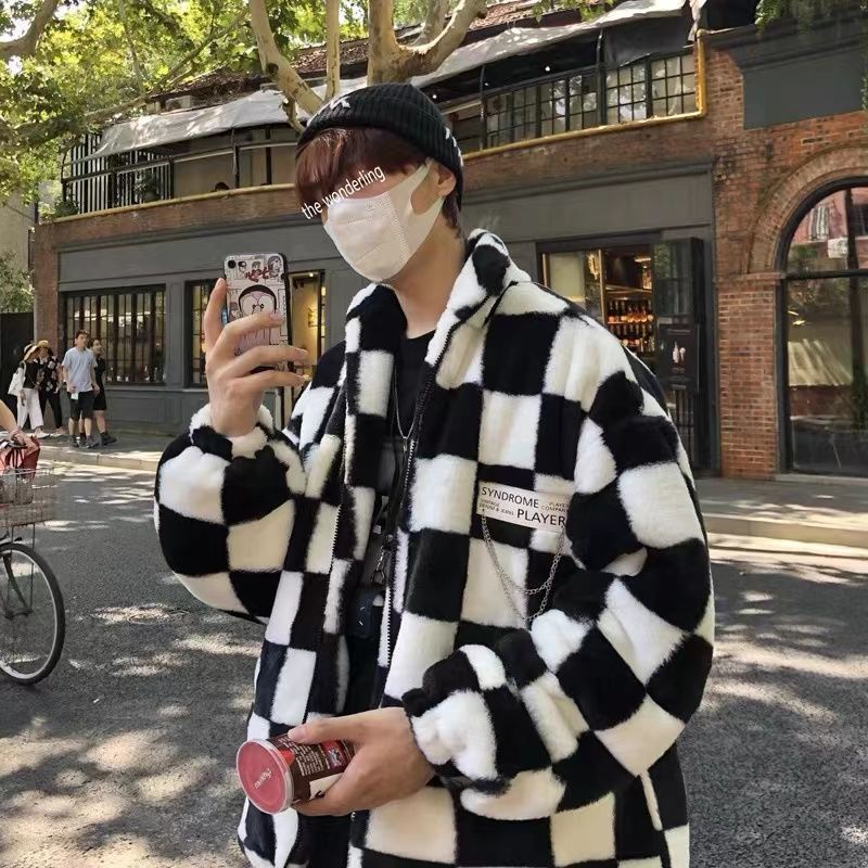 Áo khoác lông dáng Oversize hoạ tiết caro đen trắng