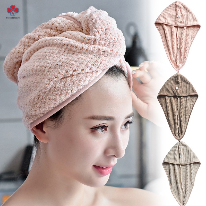 Khăn quấn đầu lau khô tóc nhanh chóng bằng microfiber có nút cài tiện lợi | BigBuy360 - bigbuy360.vn