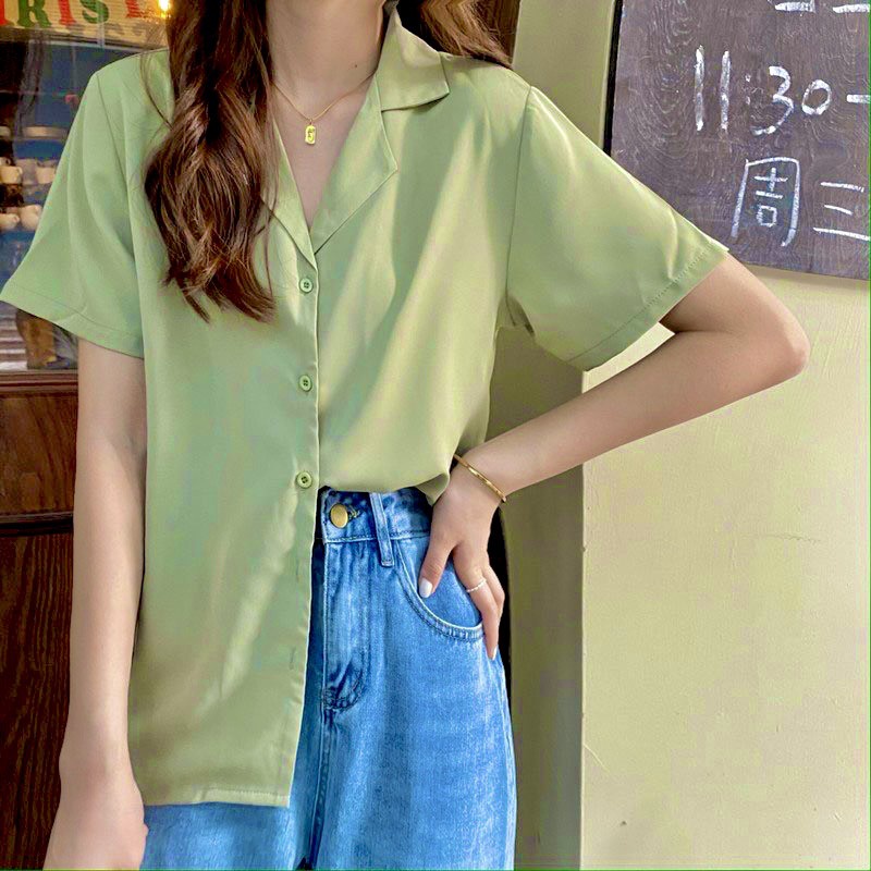 Áo Sơ Mi Cổ Vest Chất Đũi Tay Ngắn Ulzzang Hàn Quốc, Áo Tay Phồng Form Rộng Hottrend