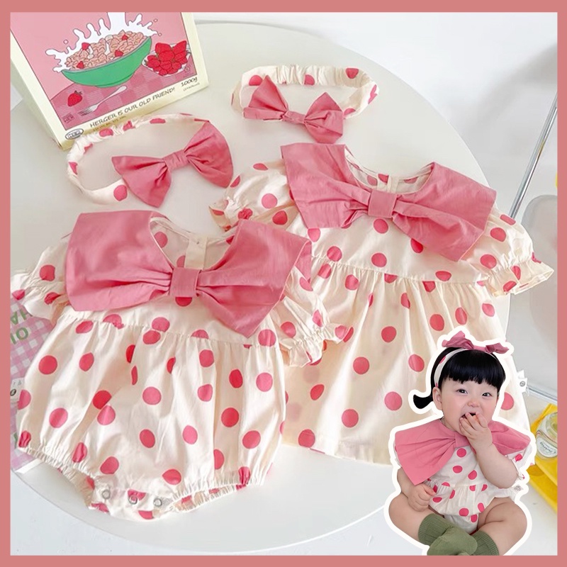 Bộ Đầm Liền Thân Tay Ngắn Cổ Thắt Nơ Họa Tiết Chấm Bi + Băng Đô Dễ Thương Dành Cho Bé Gái