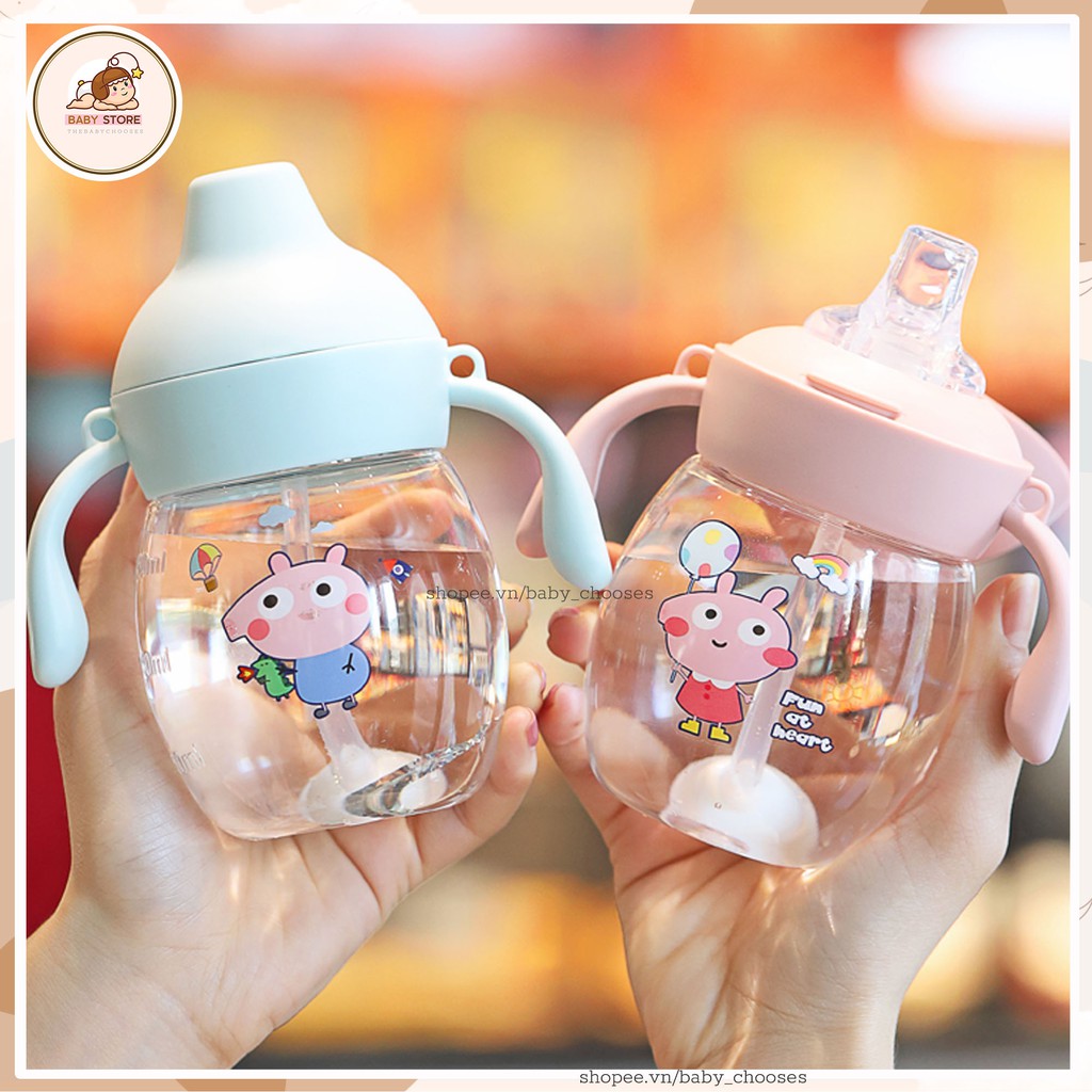 Bình tập uống nước tập uống baby chooses có tay cầm dây đeo cho bé núm ti silicon chống sặc 280ml