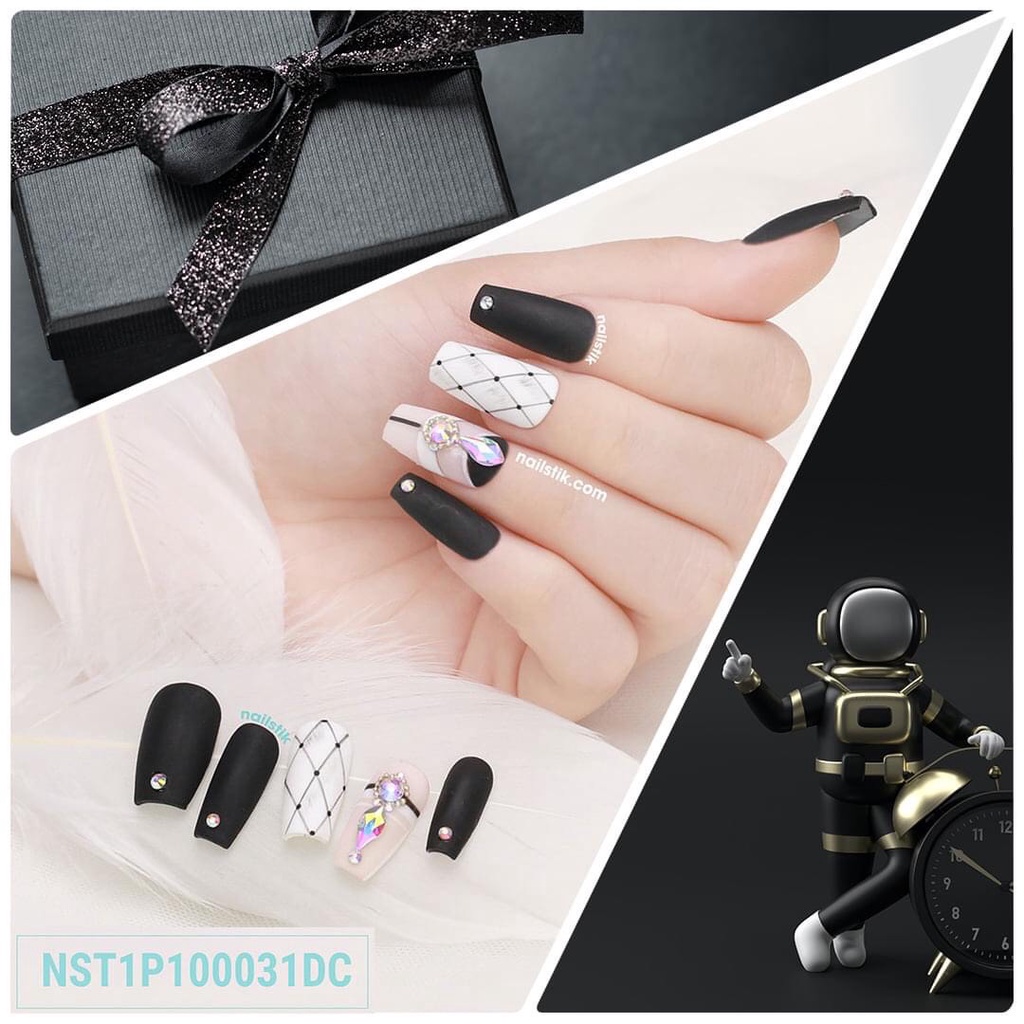 Móng úp thiết kế by NAILSTIK, màu đen, form móng coffin, dài 031