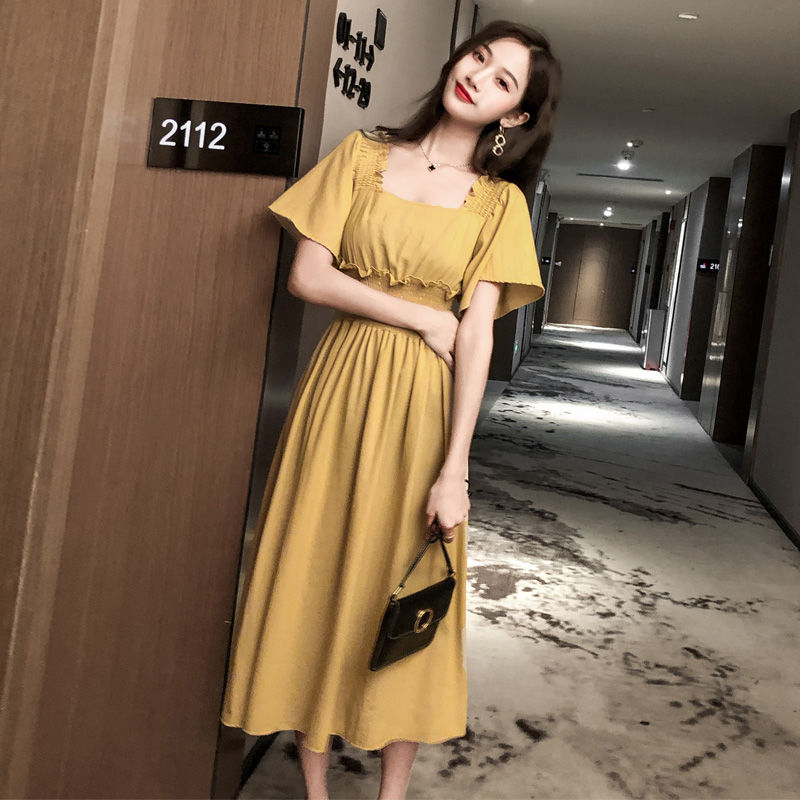 Large Size Yellow Long Skirt Palace Style Retro French Waist Slimming Chiffon Square Collar Dress2021New Summer | BigBuy360 - bigbuy360.vn