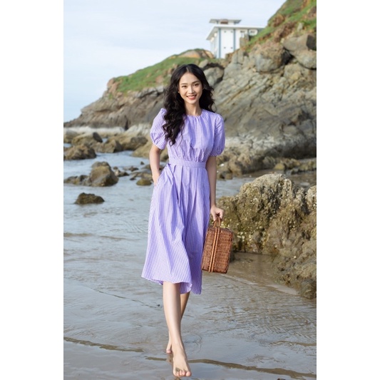 Đầm cổ tròn tùng xếp ly xoè caro tím Camy dress