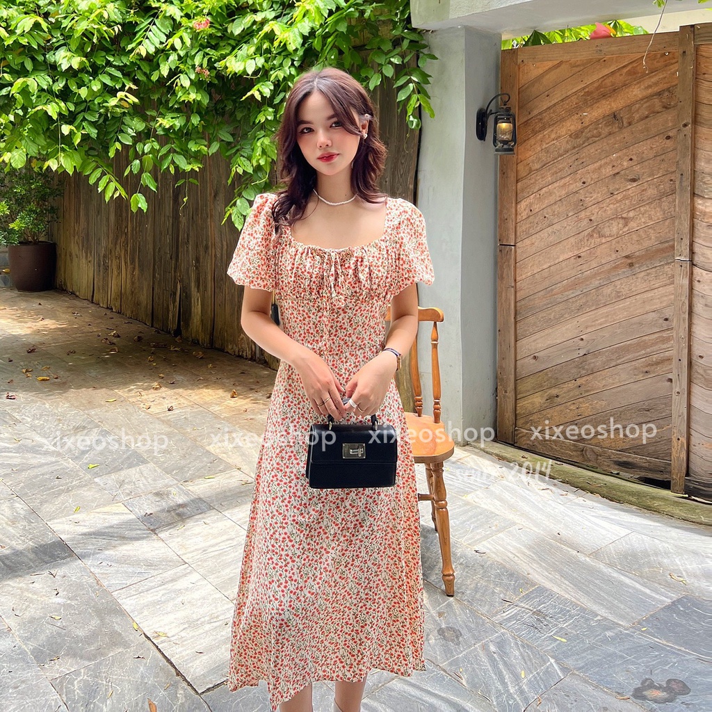 Váy hoa nhí dáng dài 2 lớp thắt nơ ngực tay phồng tiểu thư vintage xixeoshop - v154