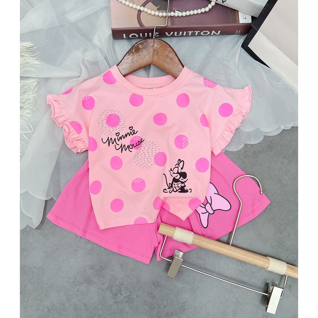 Bộ cộc tay bé gái chất cotton chấm bi tay bèo quần giả váy cho bé