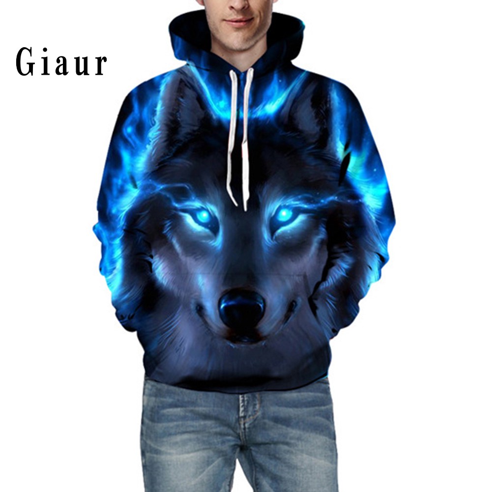 Áo hoodie dài tay phối dây rút dáng thể thao in hình chó sói 3d cá tính dành cho nam