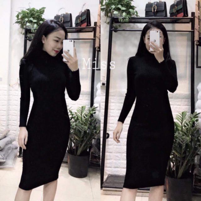 Váy body dài tay cổ lọ chất len tăm xẻ tà