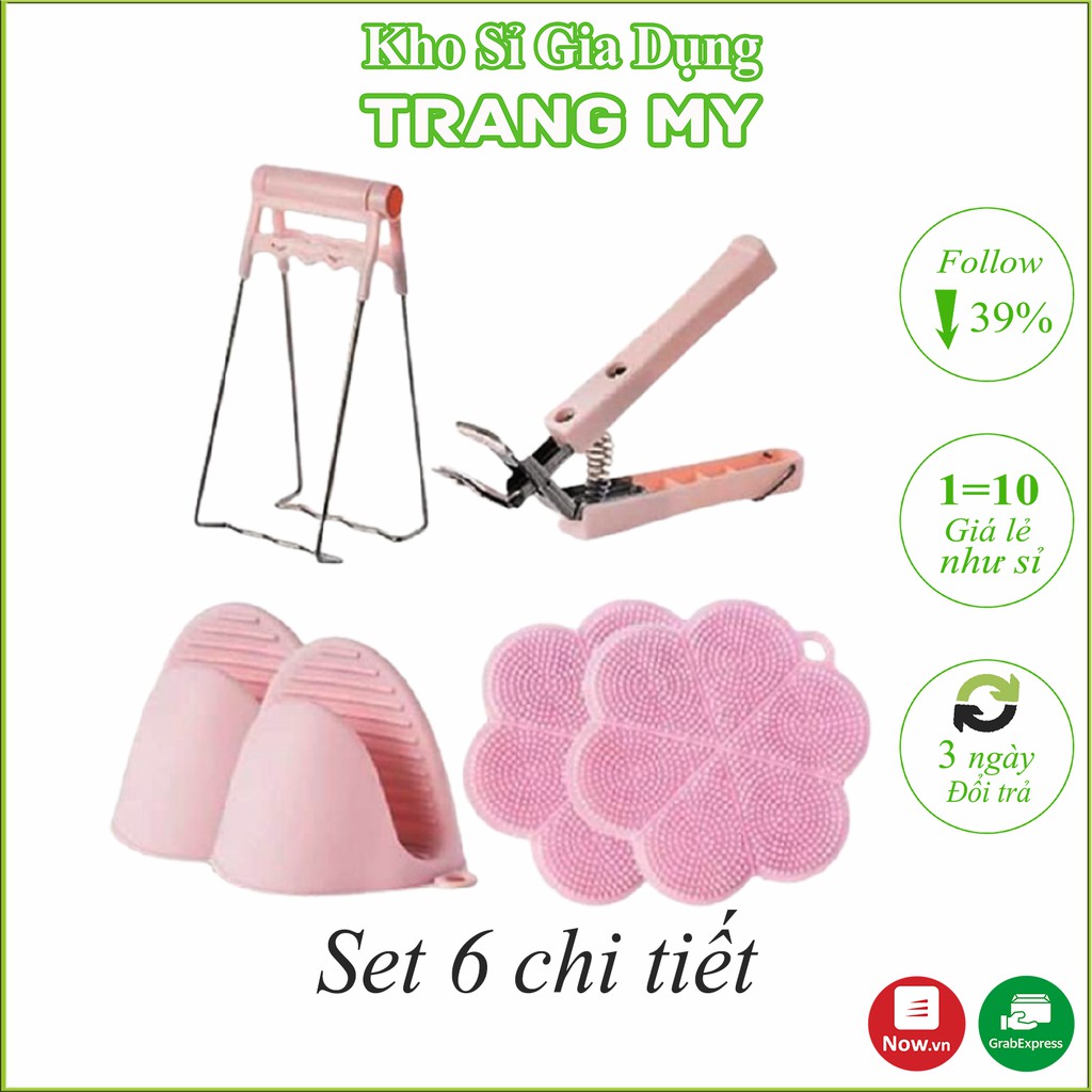 Bộ Dụng Cụ Kẹp Gắp Đồ Nóng Thức Ăn Đa Năng Inox Chống Bỏng Kèm Găng Tay, Miếng Lót Nồi Silicon [Set 6 món]