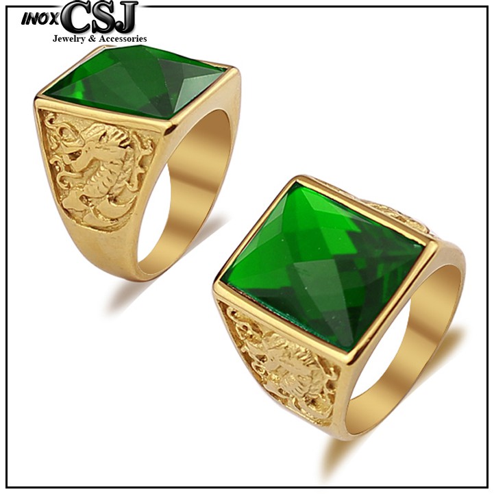 NHẪN NAM INOX MẠ VÀNG ĐÁ XANH LÁ CHẠM RỒNG siêu đẹp - tặng hộp đựng xinh xắn