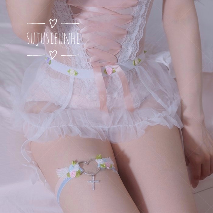 2 mẫu kẹp tất, vớ/garter+ vòng choker đeo đùi đính cánh thiên thần, hoa hồng và chữ thập lolita dễ thương