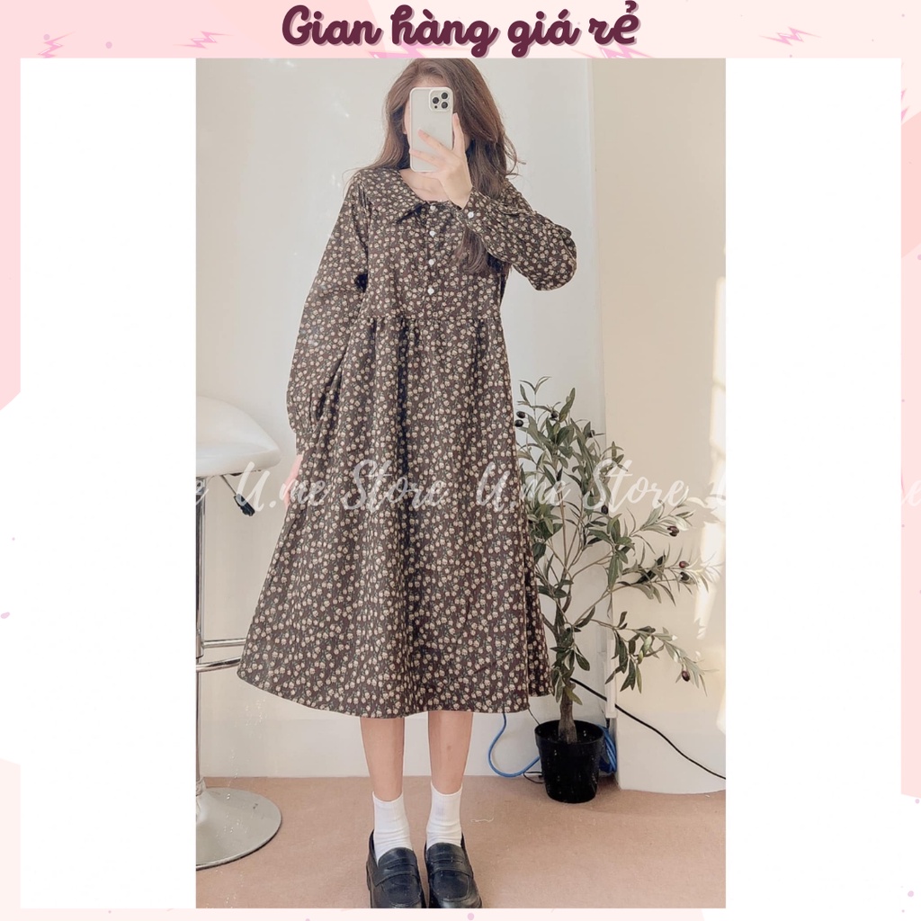 Đầm Váy Babydoll hoa nhí dáng dài nhung lì vintage phong cách Hàn Quốc Váy hoa nhí nàng thơ