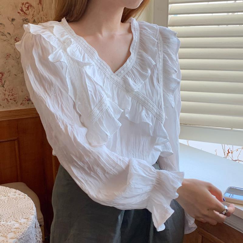 Áo Sơ Mi Tay Dài Cổ Chữ V Dáng Rộng Xếp Ly Thời Trang Mùa Thu Hàn Quốc Mới