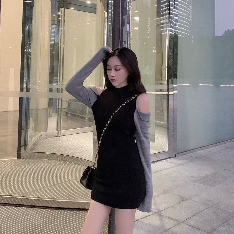 Cocory vn phụ nữ thời trang retro quây cổ tròn mỏng mông dài tay áo dệt kim mini dress