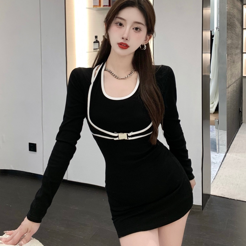 Váy Body Cổ Yếm Viền Phối Khoác LSEOUL V1292 Tôn Dáng Quyến Rũ