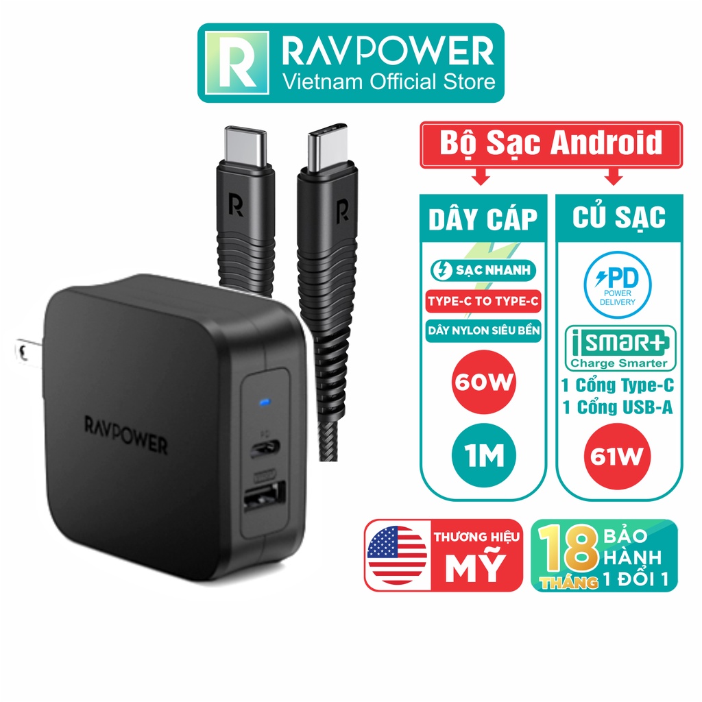 Combo Củ Sạc RAVPower Type C PD 61W RP-PC105 Và Cáp Type C to C 1M 60W RP-CB047 - Hàng Chính Hãng