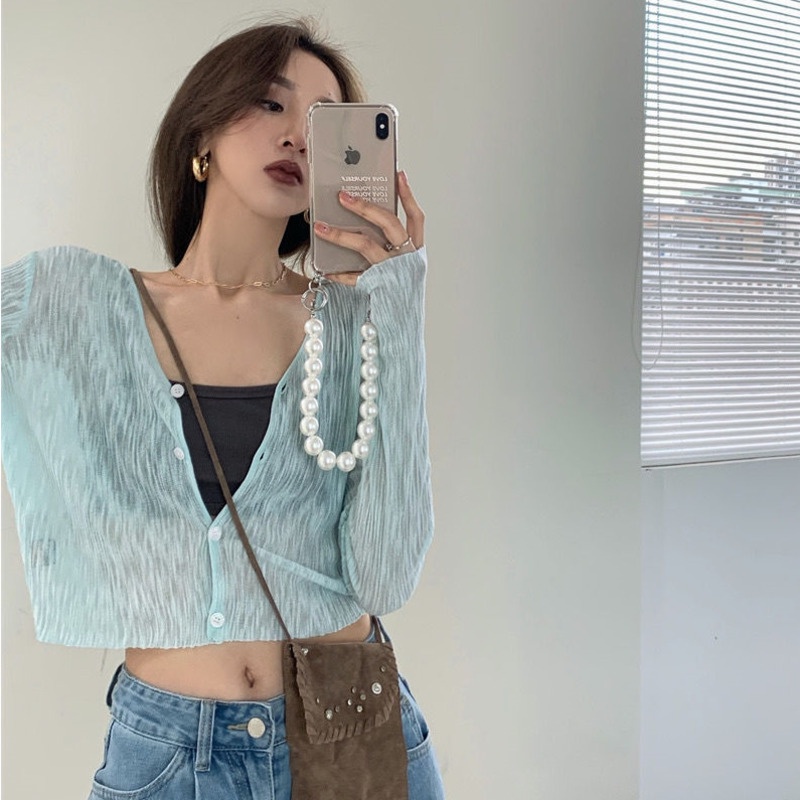 Áo Khoác Cardigan Tay Dài Cổ Chữ V Vải Lụa Mát Thời Trang Thanh Lịch Cho Nữ