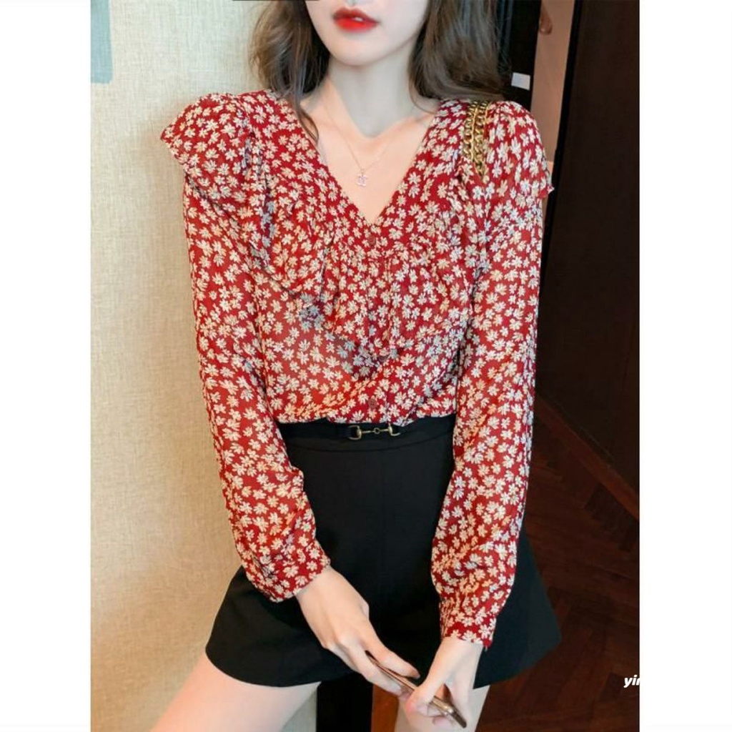 Áo Sơ Mi Nữ Tay Dài Hoa Nhí Rằn Ri Cổ Tim Ulzzang