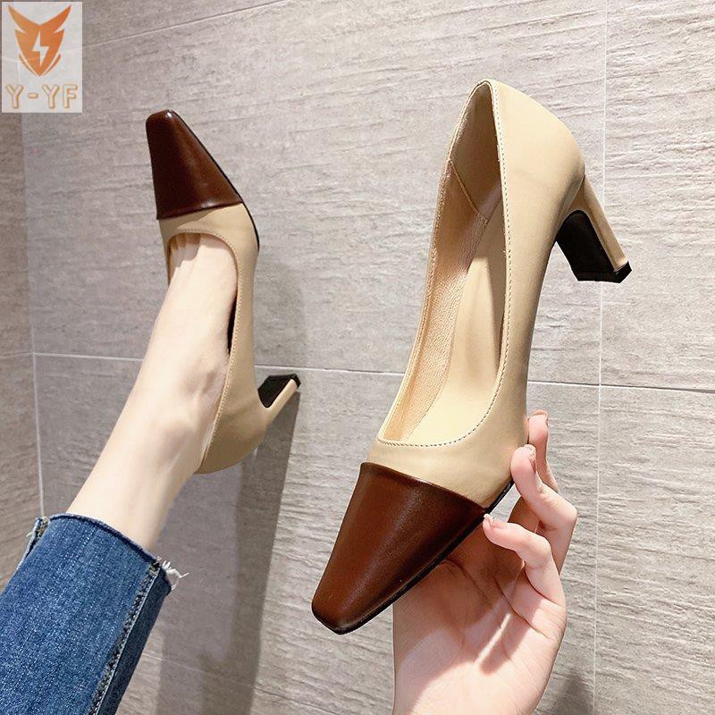 [High quality]French small fragrant style single shoes women 2021 new wild thick heel etiquette ladies black professional work shoes high heels