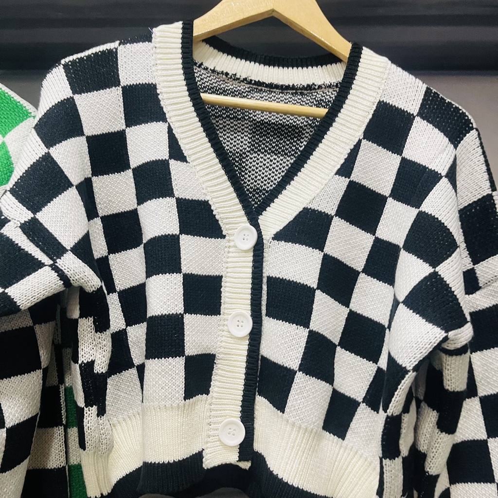 Áo khoác cardigan len dáng rộng croptop kẻ caro phong cách Hàn Quốc trẻ trung chất len mềm mịn