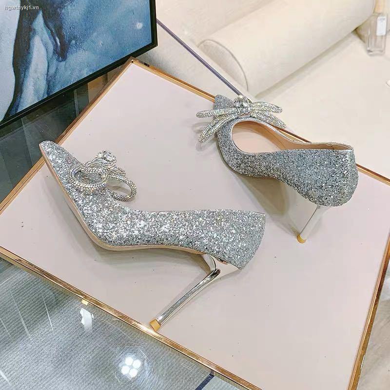 ┇✢High heels female 2021 new pointed rhinestone butterfly wedding shoes stiletto crystal single sequined bridesmaid