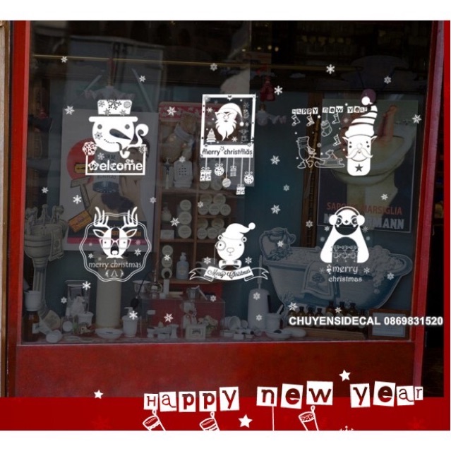 Decal dán tường Noel - 6 Khung tuần lộc và người tuyết trắng