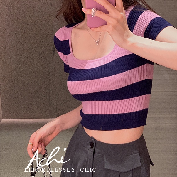 SUXI Áo Thun Dệt Kim Ngắn Tay Cổ Vuông Họa Tiết Kẻ Sọc Thời Trang Mùa Hè Ngọt Ngào Cho Nữ