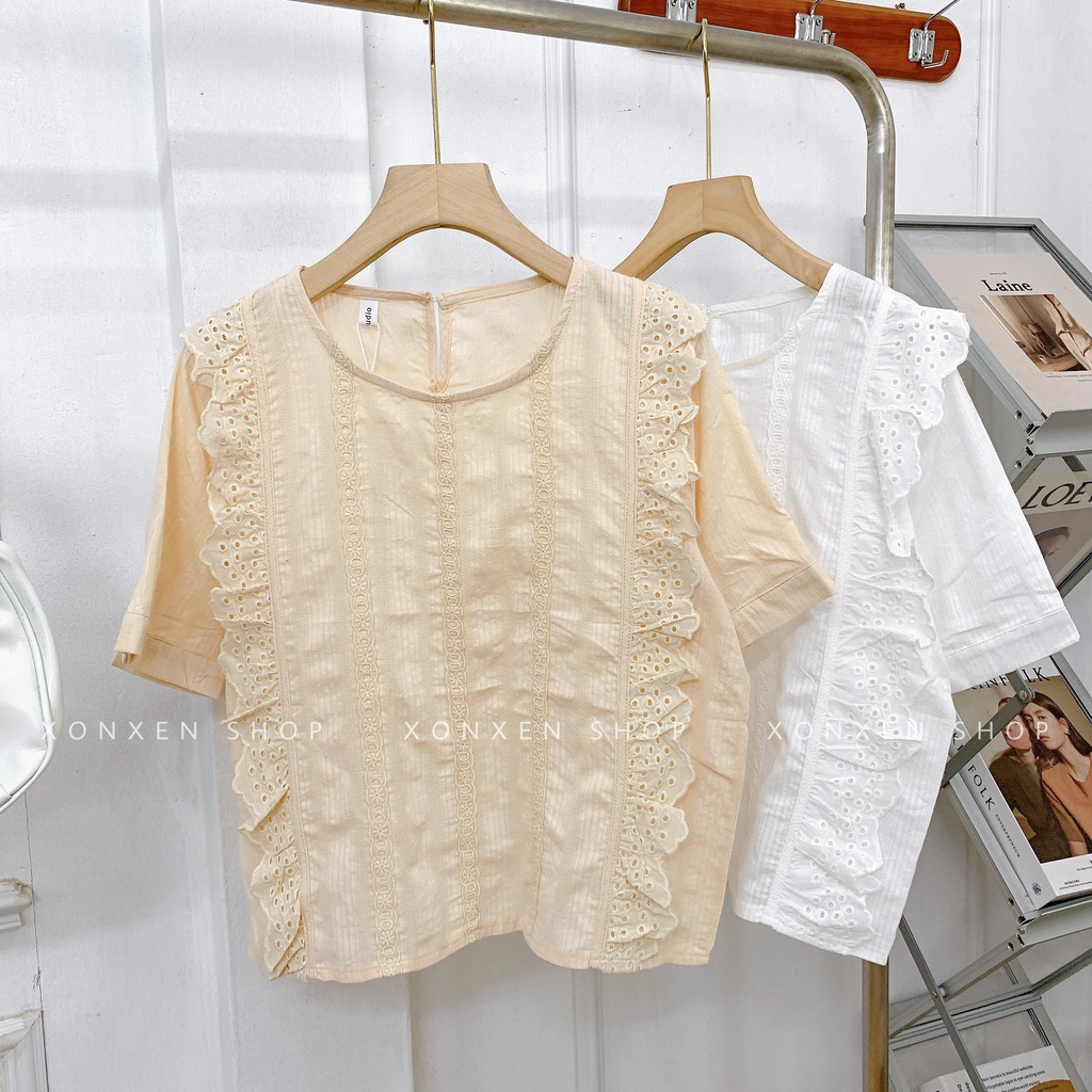 ÁO KIỂU NỮ áo kiểu tiểu thư phối đường ren dễ thương chất vải mịn mát XONXEN SHOP freesize mã 3365